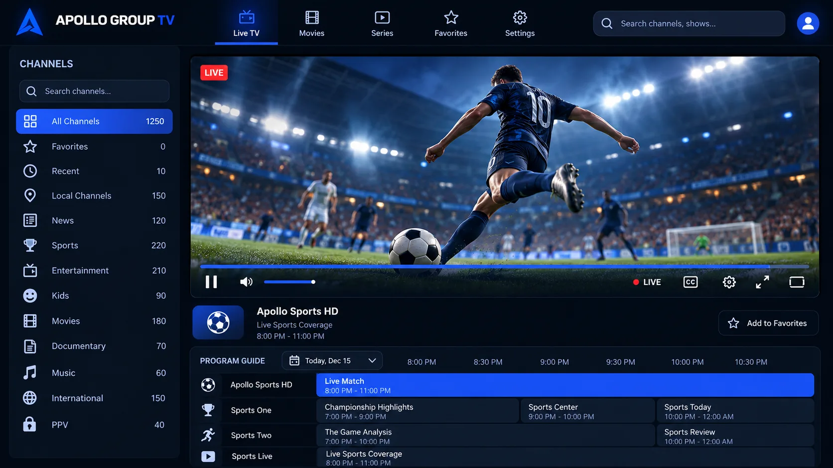Apollo Group TV app Live TV screen playing a live soccer match, with channel categories on the left and the program guide below